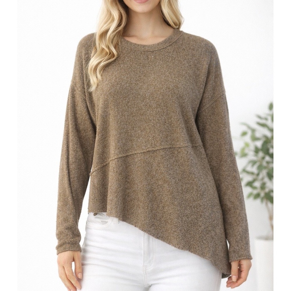 Open‎ Edit Sz M Sweater Top Blouse Brown Fringe Neutral Boho Asymmetrical Tan